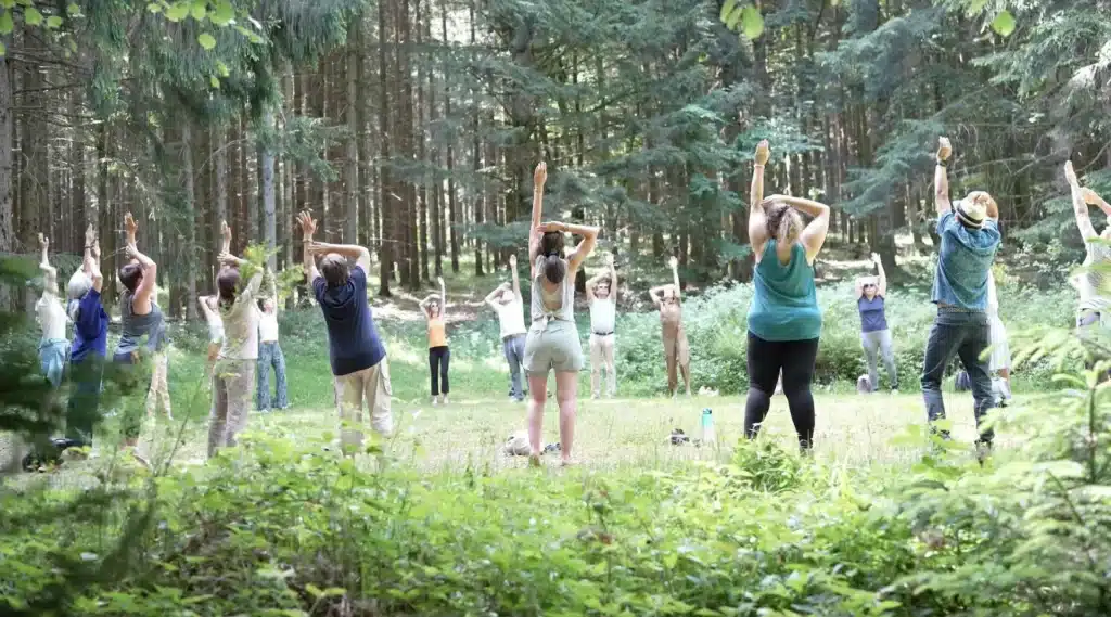 Participants à un week-end Rando Yoga au Hohwald en Alsace, entre randonnée en forêt, yoga et méditation en pleine nature.