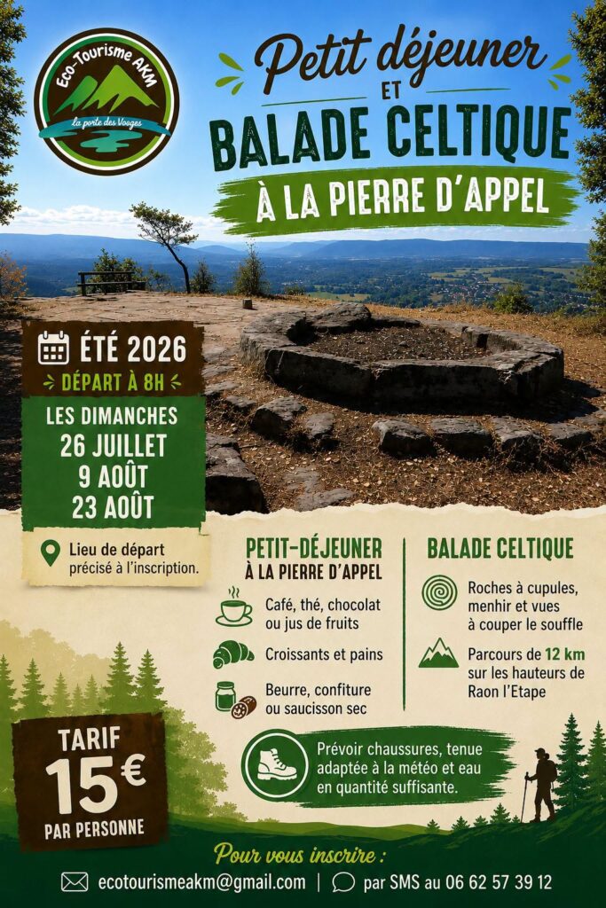 La Pierre d'Appel offre un superbe panorama sur le Massif des Ballons des Vosges. C'est ici que débute cette balade celtique de 12 km, précédée d'un petit-déjeuner convivial en pleine nature.