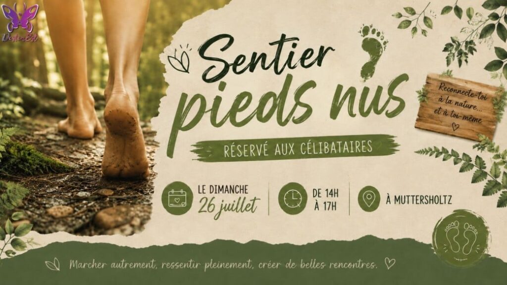 Balade sensorielle au Sentier Pieds Nus de Muttersholtz, une sortie nature conviviale dédiée aux célibataires.