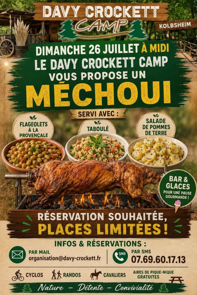 affiche méchoui du Davy Crockett Camp à Kolbsheim le long de la bruche