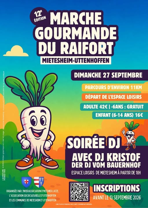 Affiche de la 12ᵉ Marche Gourmande du Raifort organisée à Mietesheim-Uttenhoffen le 27 septembre 2026.