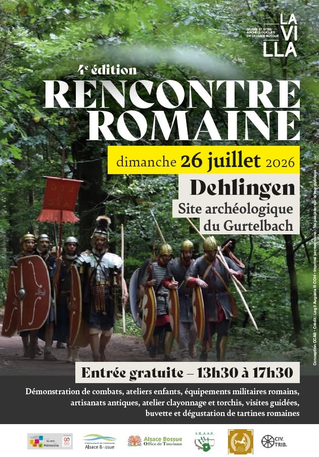 Affiche de la 4ᵉ Rencontre romaine organisée au site archéologique du Gurtelbach à Dehlingen le 26 juillet 2026.