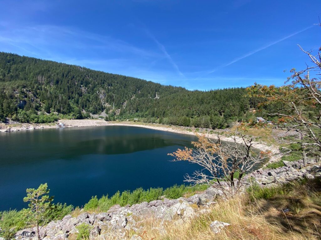 Randonnée en famille dans les Vosges alsaciennes. Rochers et sentiers panoramiques. Vue sur le lac noir