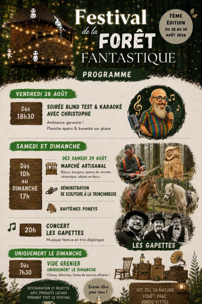 Affiche du Festival de la Forêt Fantastique 2026 à Vittel avec le programme des animations nature, concerts et marché artisanal.