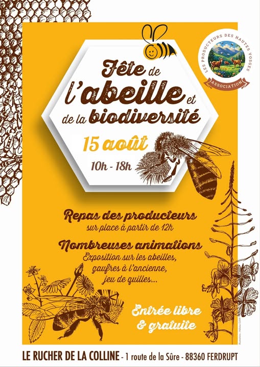 Affiche de la Fête de l'Abeille et de la Biodiversité 2026 au Rucher de la Colline à Ferdrupt dans les Hautes Vosges.
