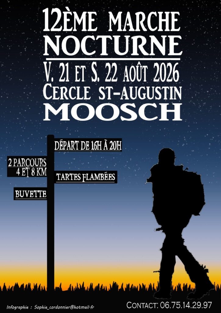 Affiche de la 12ᵉ Marche nocturne de Moosch les 21 et 22 août 2026 avec deux parcours de randonnée dans les Vosges d'Alsace.