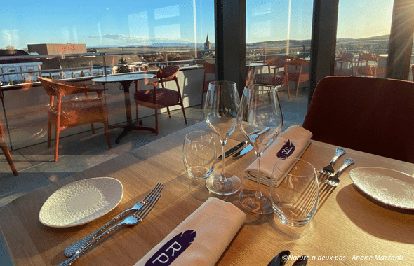 Rooftop, terrasse panoramique avec vue sur Kirrwiller et le Royal Palace. Restaurant la Plume Gourmande.