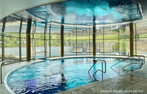 La piscine intérieure du Royal Palace Hôtel et Spa de Kirrwiller avec vue sur la campagne alsacienne.