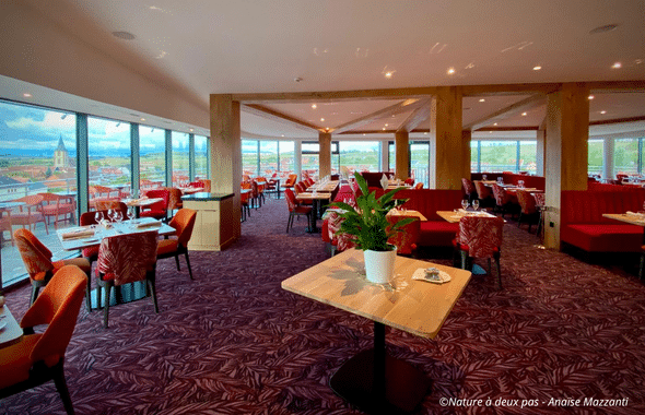 Découvrez le restaurant La Plume Gourmande avec vue panoramique sur la campagne alsacienne et le Royal Palace de Kirrwiller.