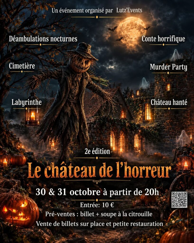 Les 30 et 31 octobre 2026, vivez Halloween au Château de Lutzelbourg : château hanté, créatures, labyrinthe et Murder Party dès 14 ans. Sortie famille ados en Alsace